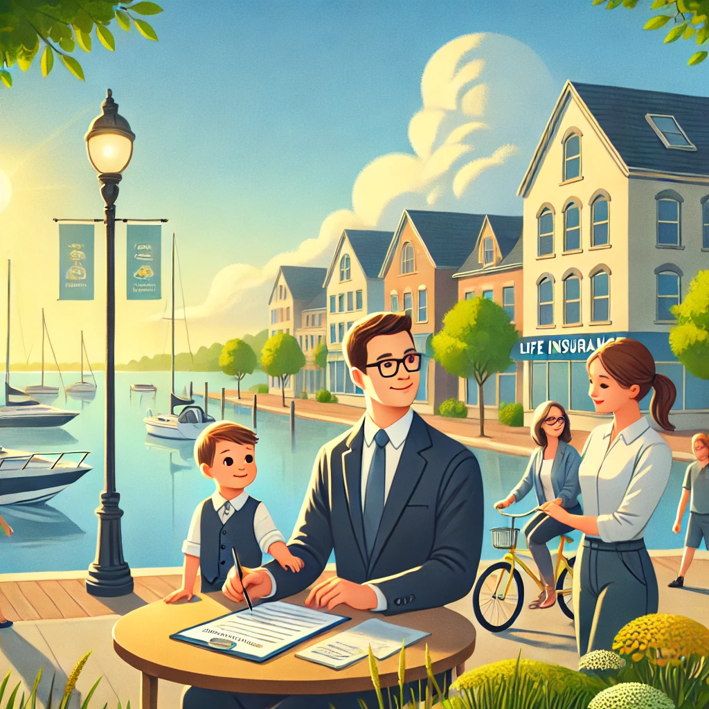 Life insurance agent assisting a family by the marina in Algonac, MI, symbolizing security and trust