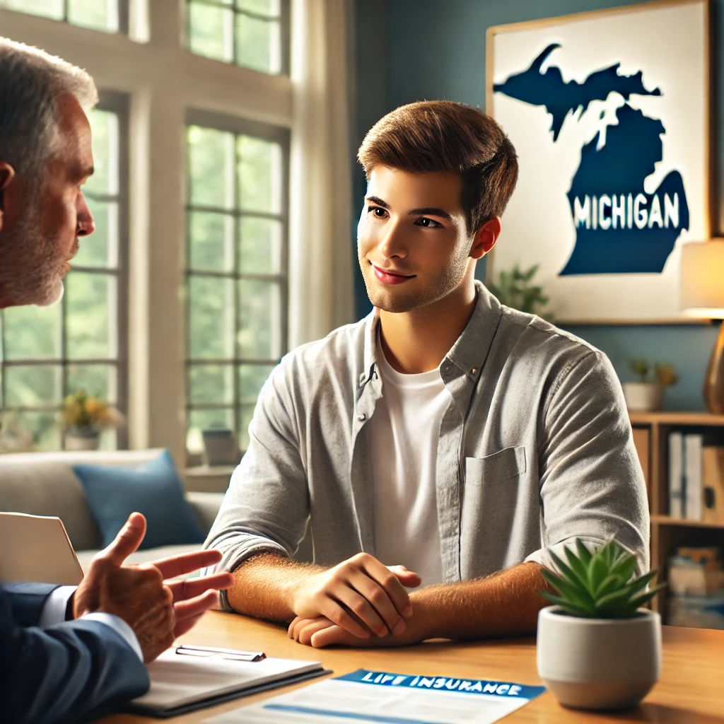 Young adult discussing life insurance options with an advisor in a Michigan-themed modern office setting.