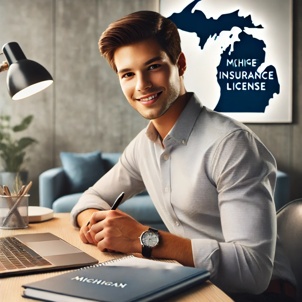 Young professional studying at a desk with laptop and notepad, preparing for the Michigan life insurance license exam.