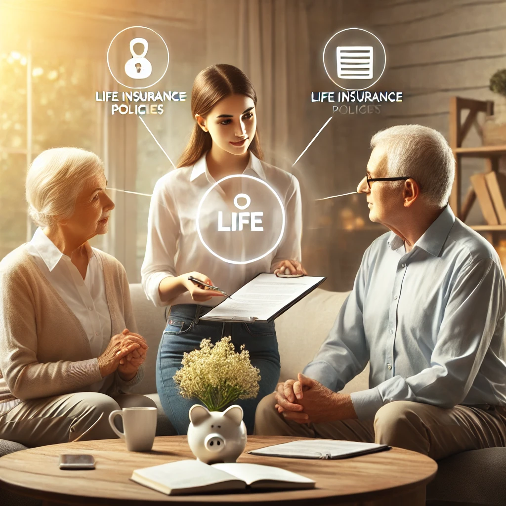 Family members discussing life insurance in a calm, supportive home environment, representing financial planning for the future.