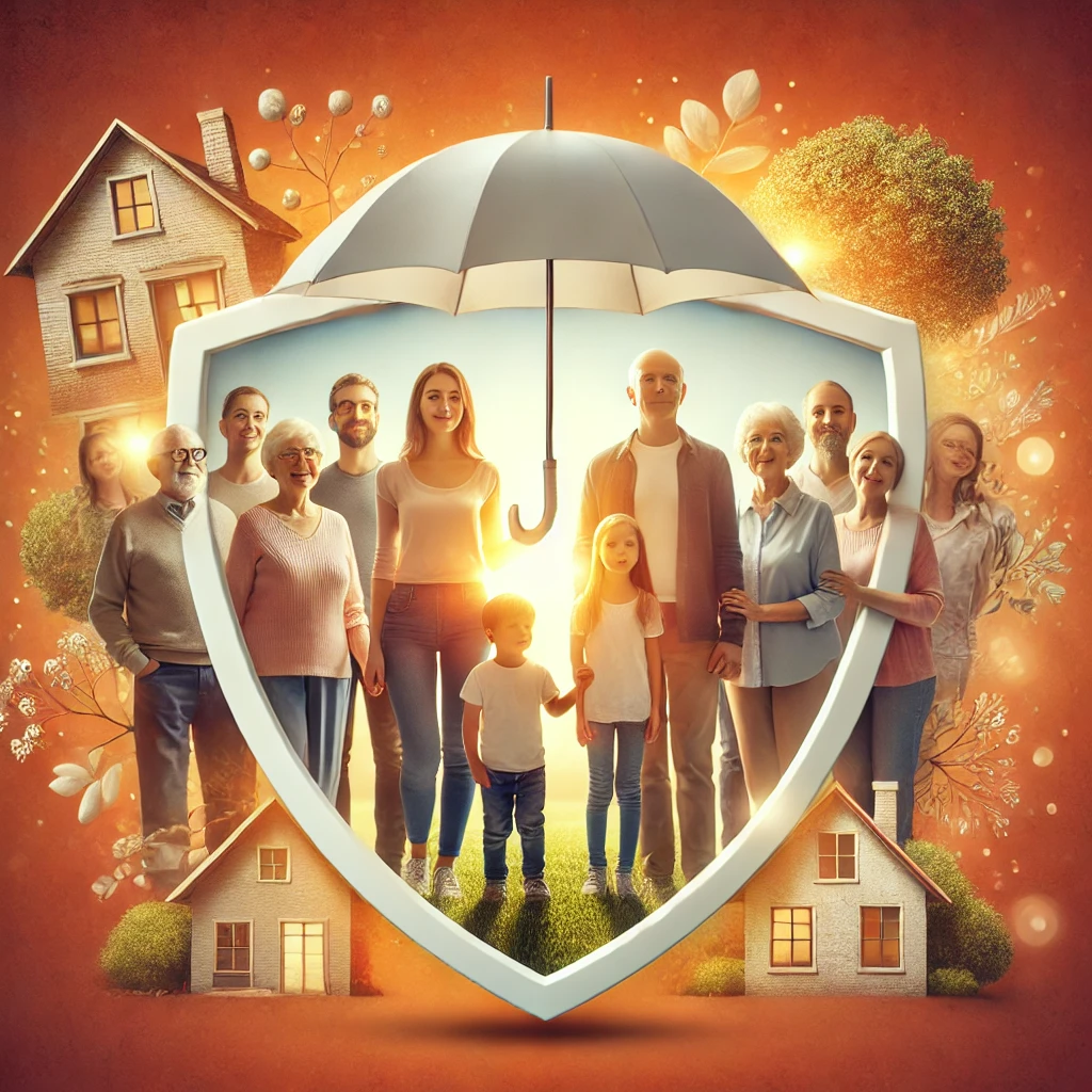 Multigenerational family gathered in a welcoming setting, symbolizing the protective benefits of life insurance for all ages, from children to seniors.