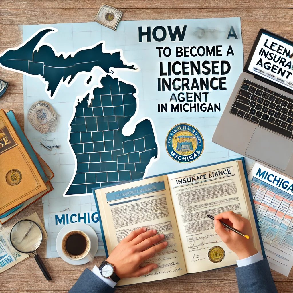 A visual guide on how to become a licensed insurance agent in Michigan, featuring a person studying with books and a laptop, official certification paperwork, and the Michigan state map.