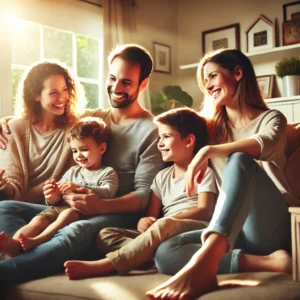 A happy family gathered in a cozy living room, symbolizing the security and comfort of family life insurance.