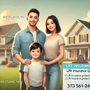 A family standing in front of their home in Westland, MI, symbolizing life insurance protection. The family is smiling, with suburban houses in the background, conveying security and peace of mind.