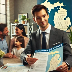 Confident life insurance agent in Michigan offering guidance to a family in a professional office setting, holding life insurance documents with a Michigan state map in the background.