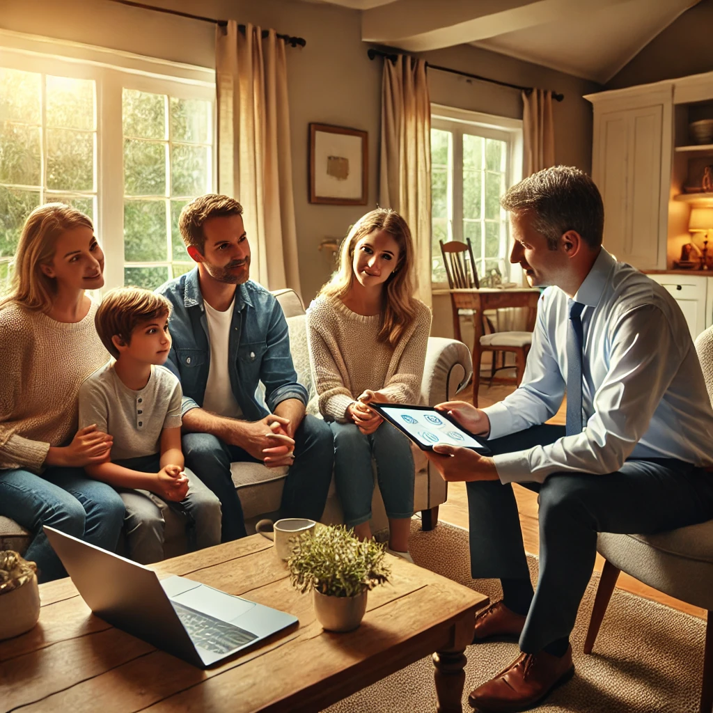 DALL·E 2024-10-21 15.15.48 - A family sitting in their living room, discussing life insurance with an advisor. The atmosphere is warm and welcoming, with natural light, cozy furni