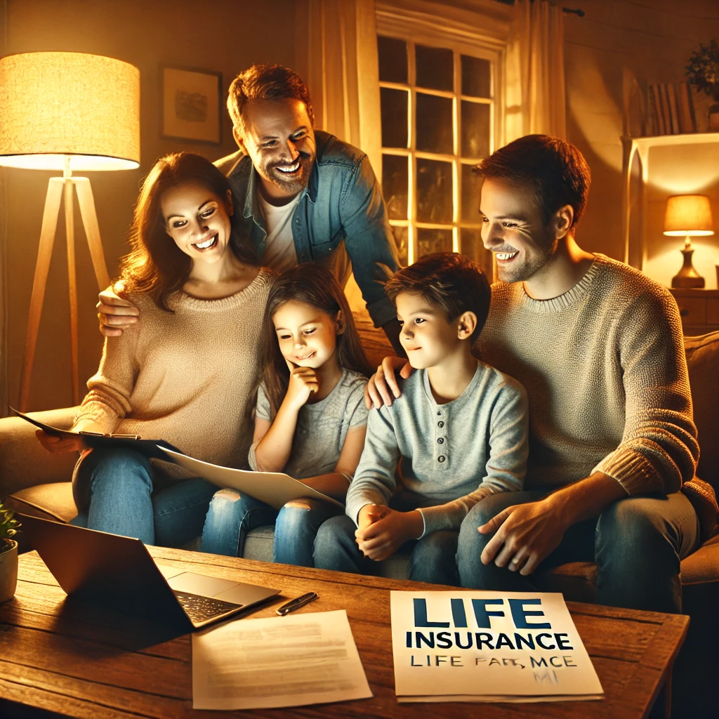 A family sitting together in a cozy living room, discussing life insurance options.