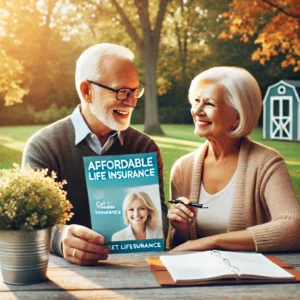 Senior couple in Michigan discussing affordable life insurance options at a table in their backyard, with autumn leaves in the background.