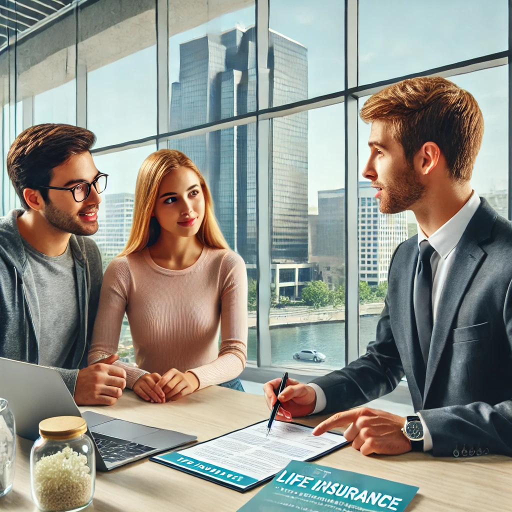 Professional insurance agent meeting with a couple in a modern Grand Rapids office, discussing life insurance options with visible contact number for Get Life Insurance, Call (313) 561-2486."