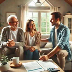 Middle-aged adult discussing life insurance with elderly parents in a cozy, well-lit living room. The elderly parents are seated on a sofa, with a document and pen on a coffee table in front of them.