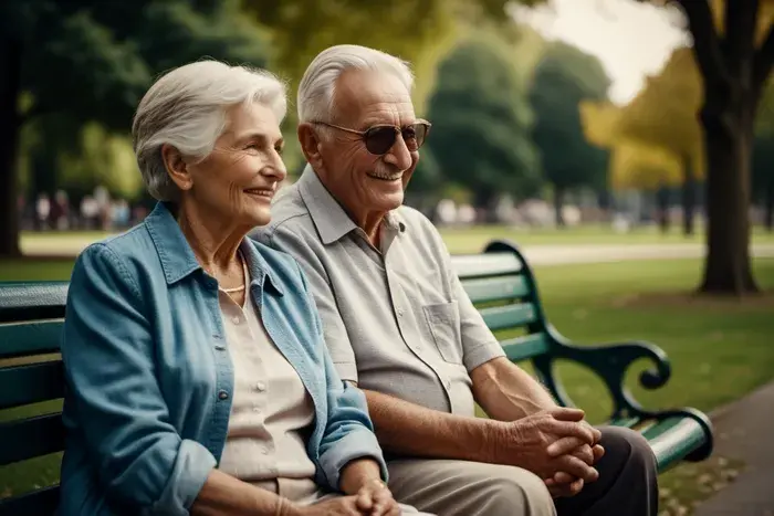 An elderly couple is sitting on a park bench.